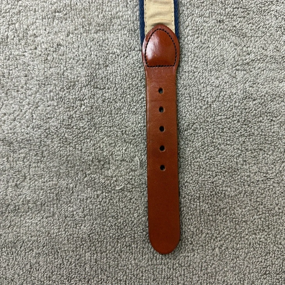 Leather Man Ltd Mens 46 Ribbon Belt Navy Tan Striped Top Grain Leather Brass CT